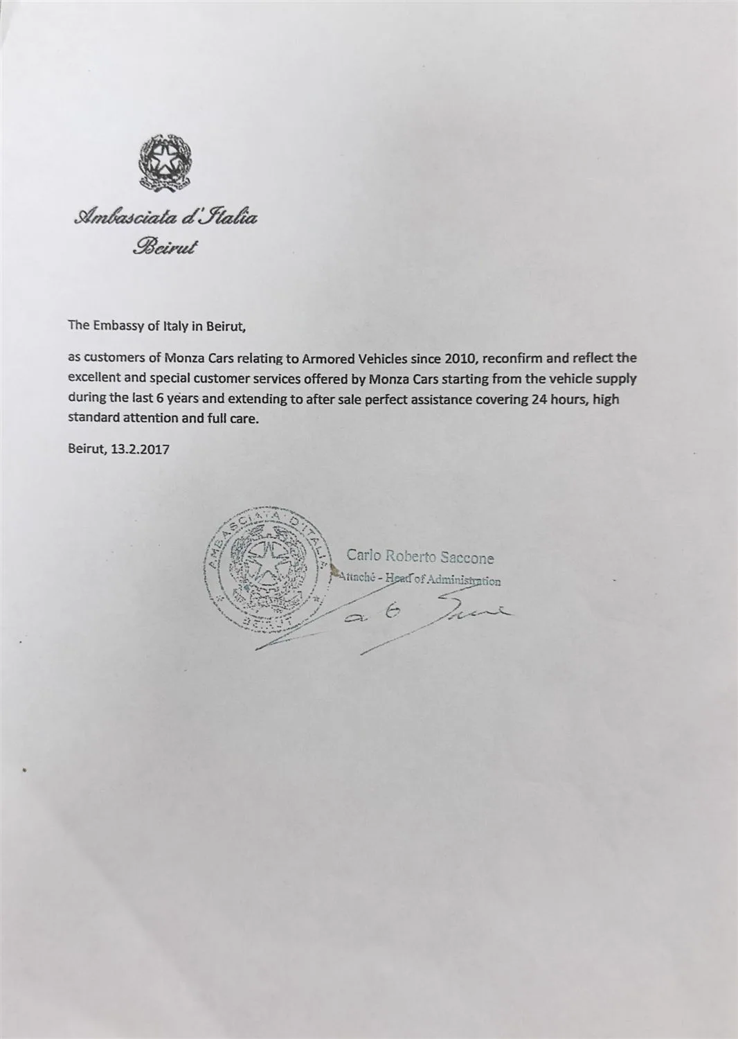Reference letter — Embassy of Italy in Beirut